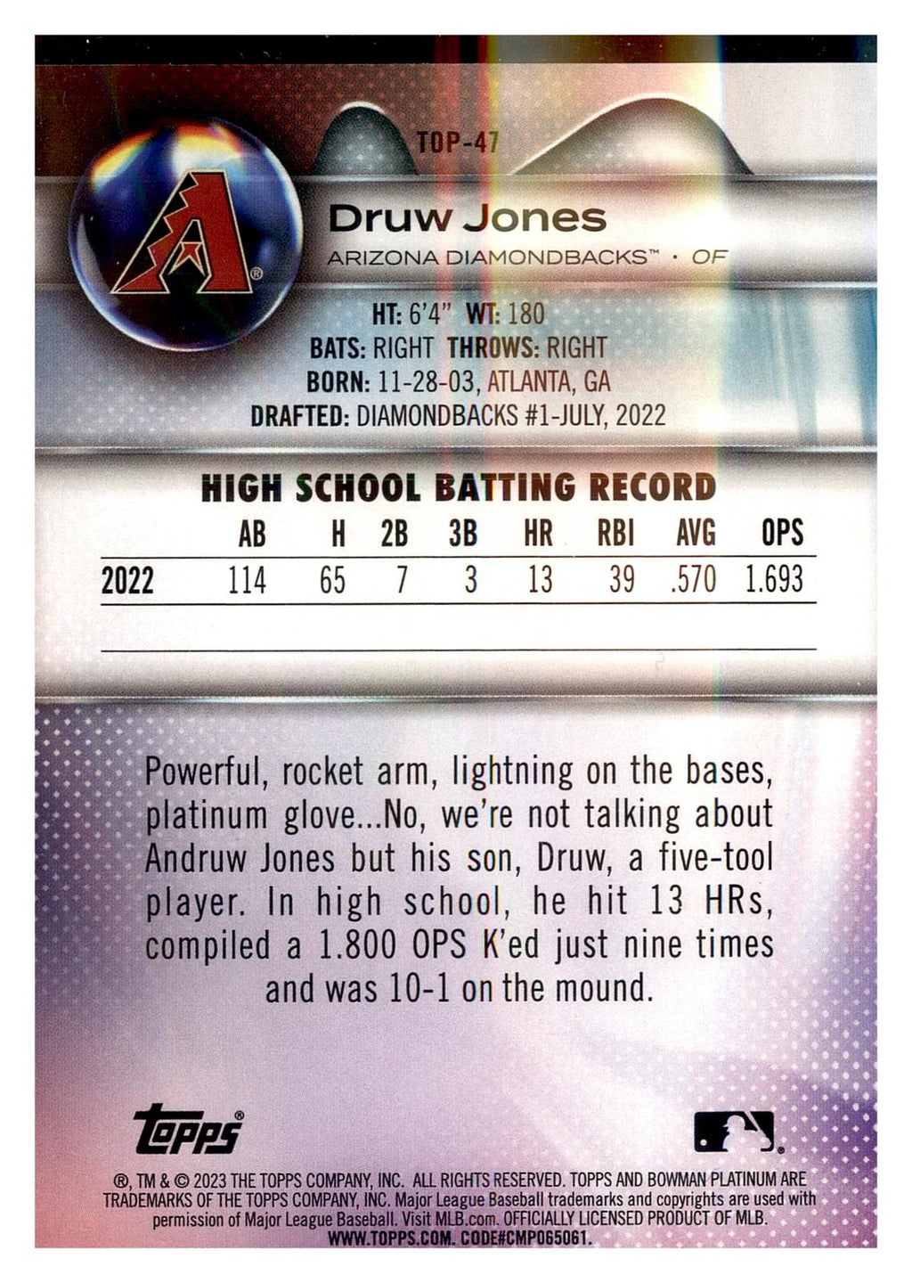2023 Bowman Platinum #TOP-47 Druw Jones Top Prospects Ice Foil back
