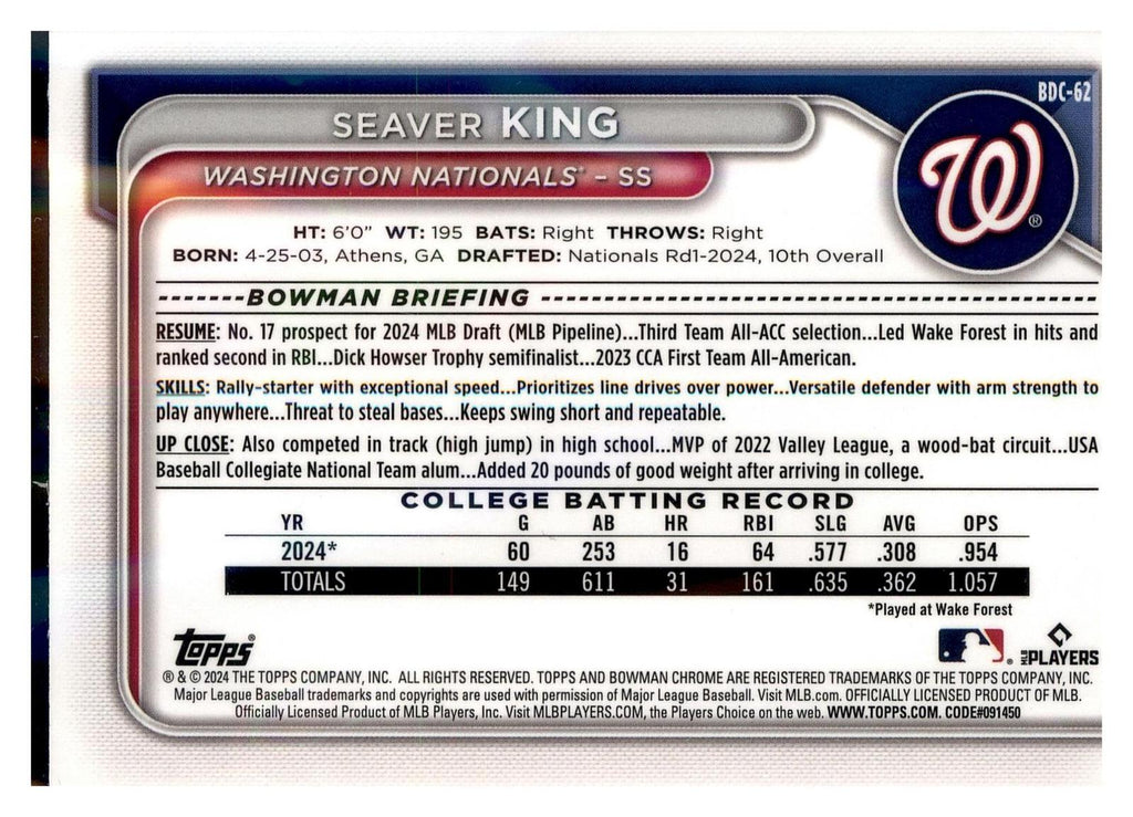 2024 Bowman Draft #BDC-62 Seaver King Chrome back