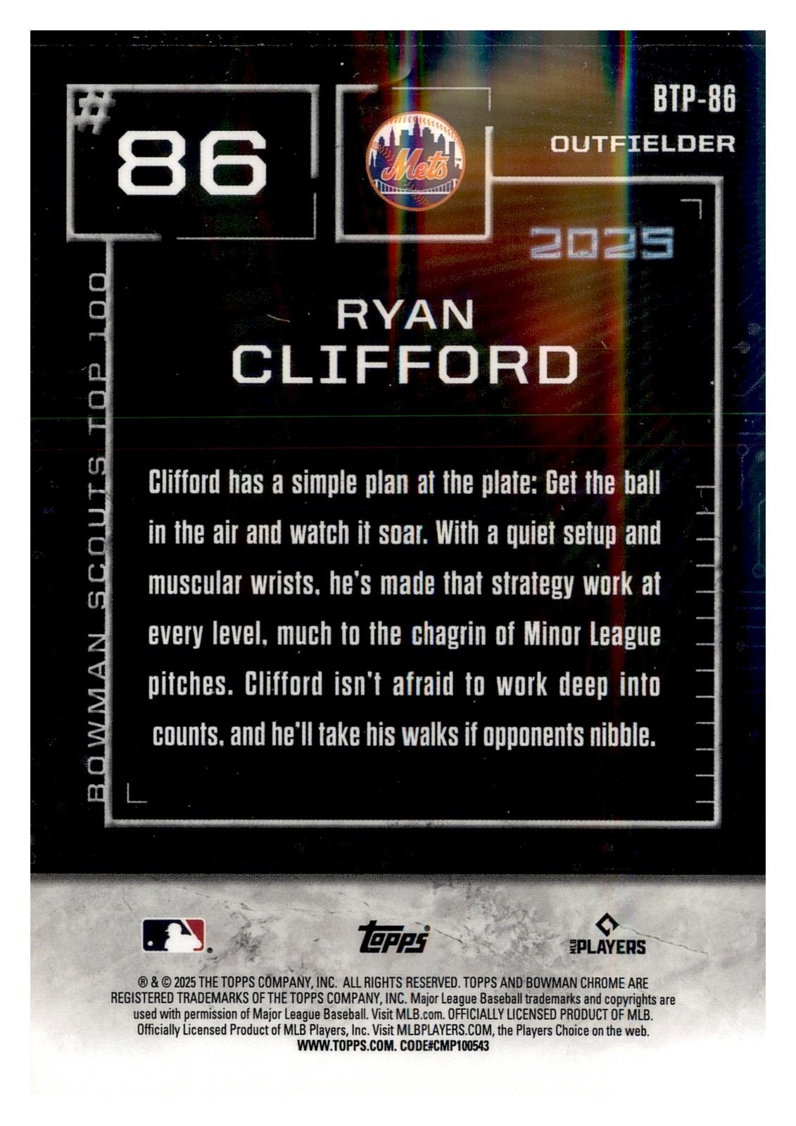 2025 Bowman #BTP-86 Ryan Clifford Bowman Scouts Top 100 back
