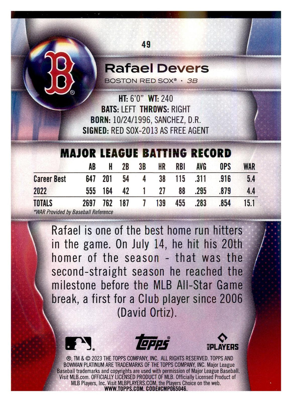 2023 Bowman Platinum #49 Rafael Devers back