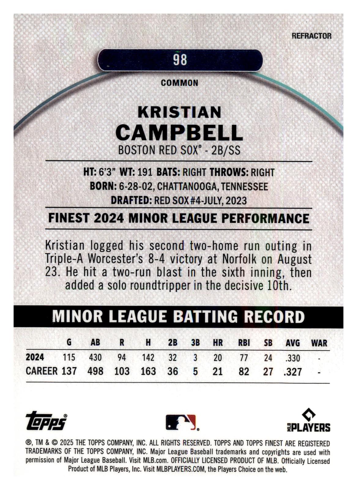 2025 Finest #98 Kristian Campbell back