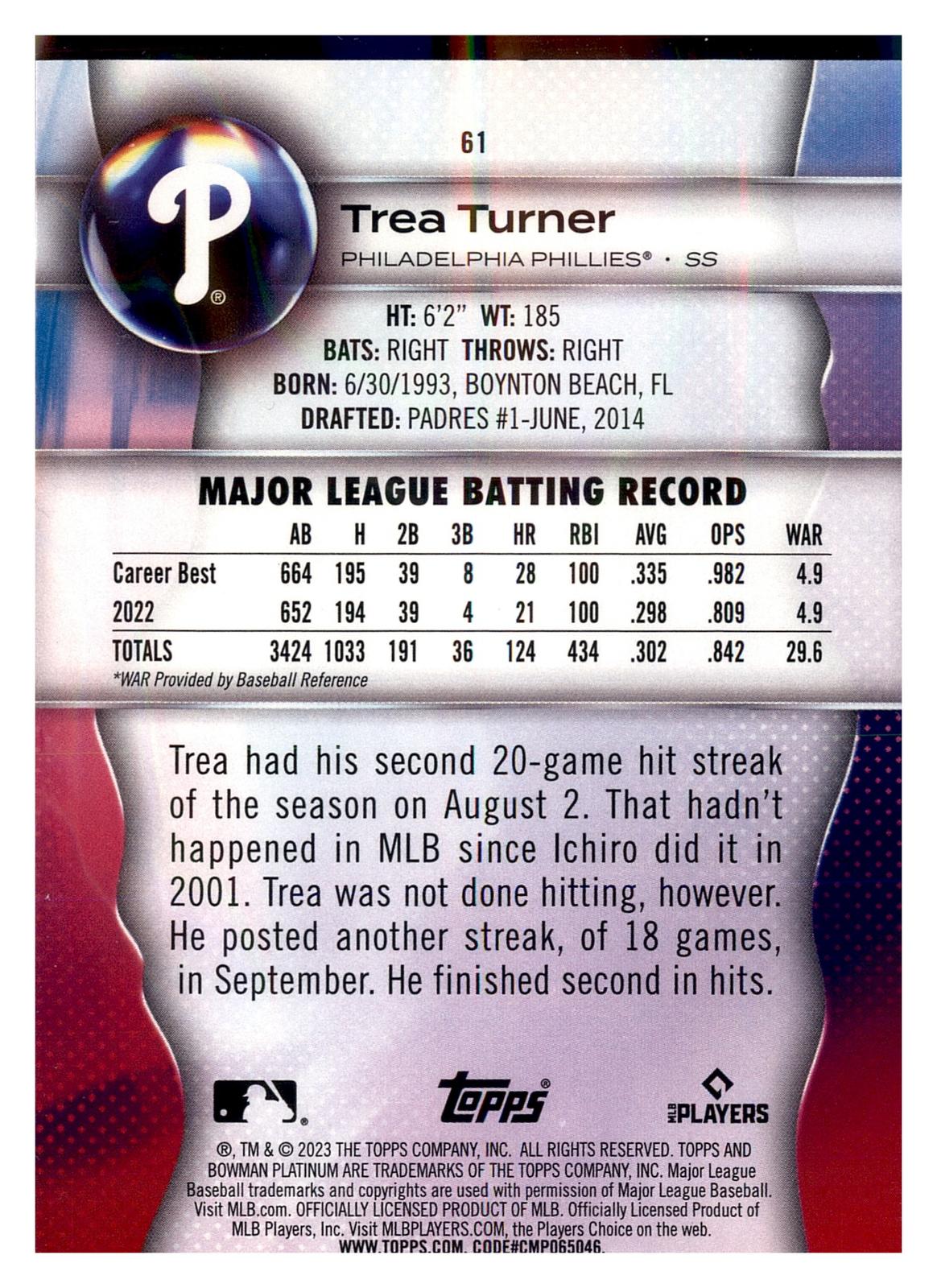 2023 Bowman Platinum #61 Trea Turner back