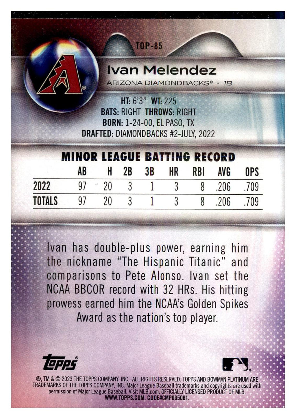 2023 Bowman Platinum #TOP-85 Ivan Melendez Top Prospects Ice Foil back