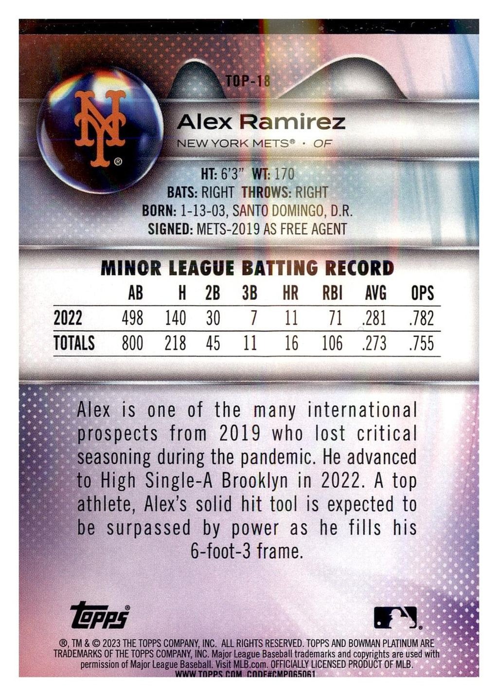 2023 Bowman Platinum #TOP-18 Alex Ramirez Top Prospects Ice Foil back