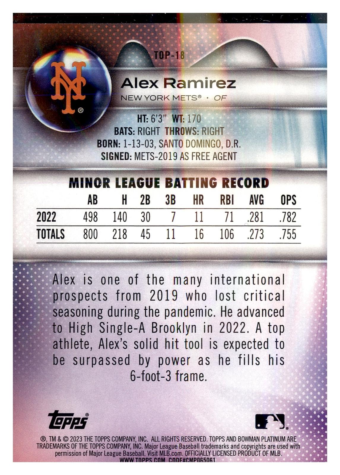 2023 Bowman Platinum #TOP-18 Alex Ramirez Top Prospects Ice Foil back