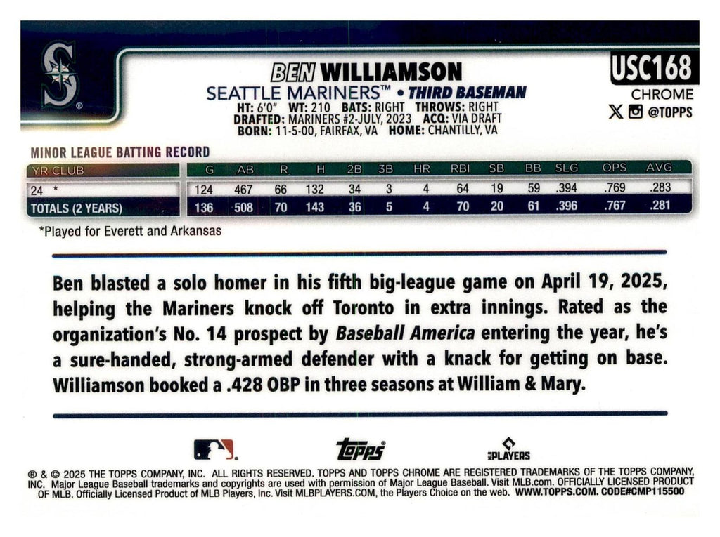 2025 Topps Chrome Update #USC168 Ben Williamson Sepia Refractor back