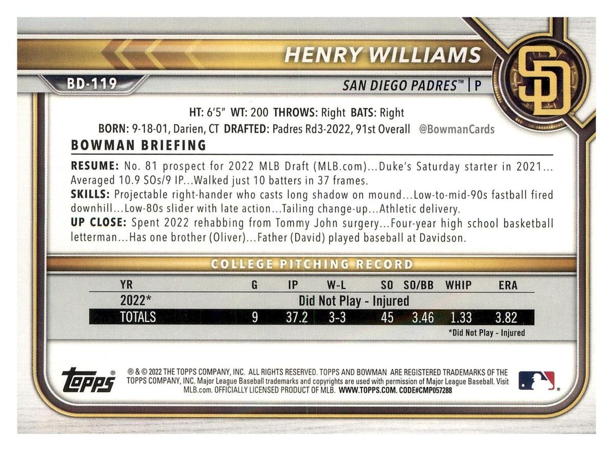 2022 Bowman Draft #BD-119 Henry Williams back