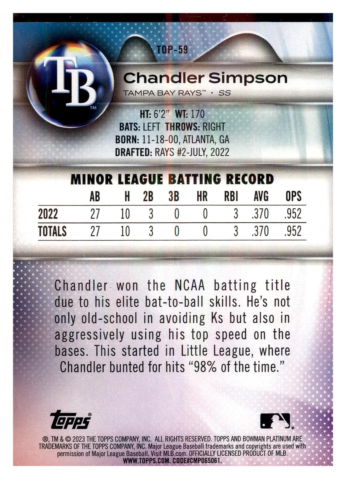 2023 Bowman Platinum #TOP-59 Chandler Simpson Top Prospects back