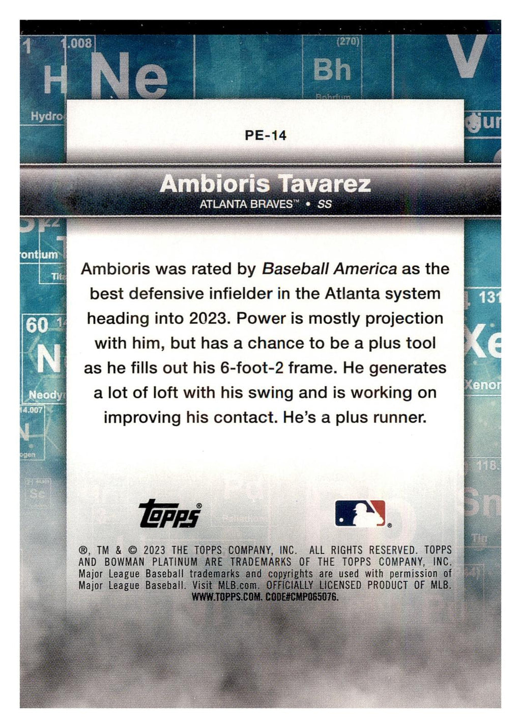2023 Bowman Platinum #PE-14 Ambioris Tavarez Precious Elements back