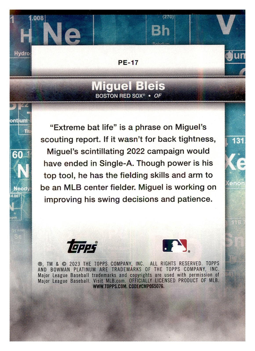 2023 Bowman Platinum #PE-17 Miguel Bleis Precious Elements back