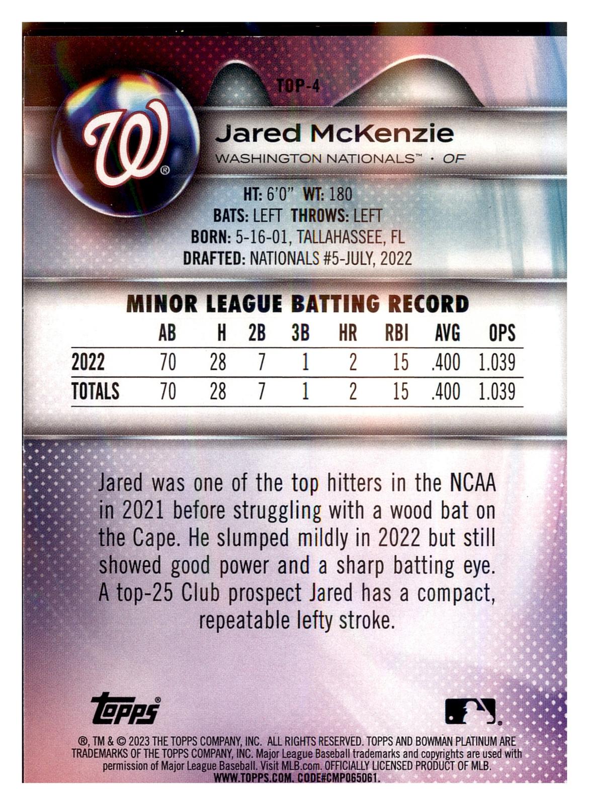 2023 Bowman Platinum #TOP-4 Jared McKenzie Top Prospects Ice Foil back