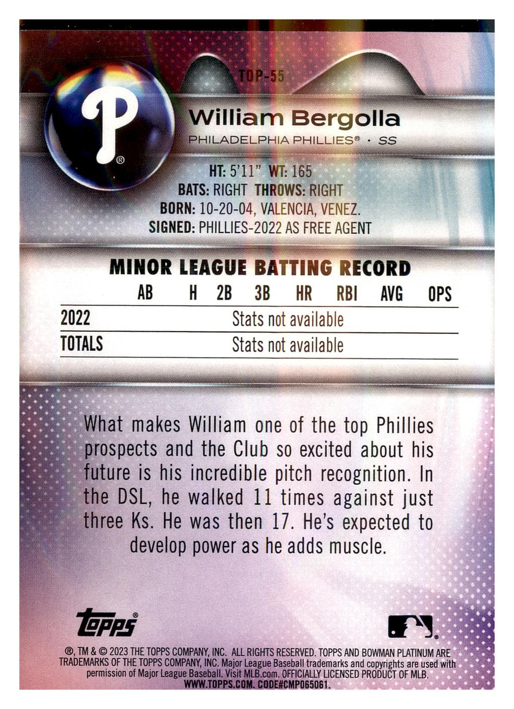 2023 Bowman Platinum #TOP-55 William Bergolla Top Prospects Ice Foil back