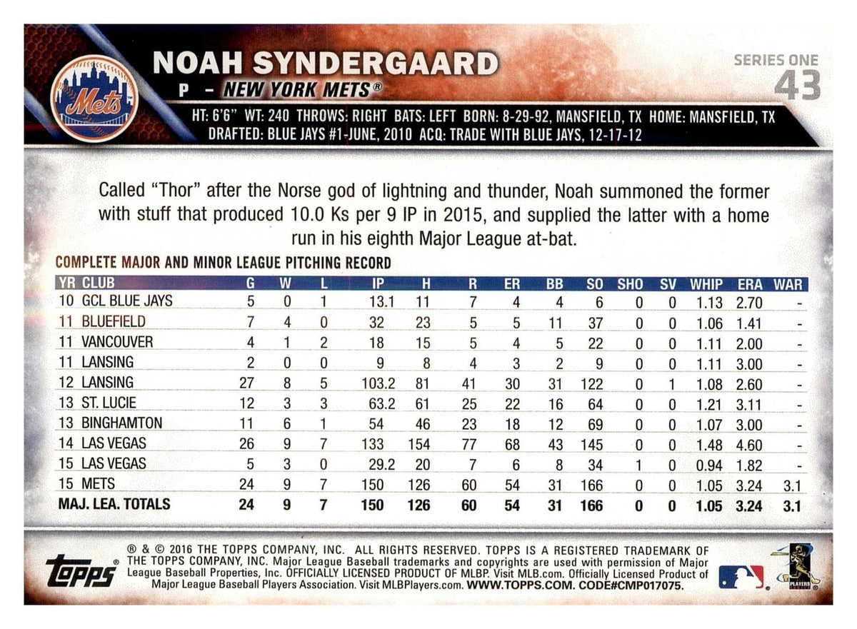 2016 Topps #43 Noah Syndergaard back