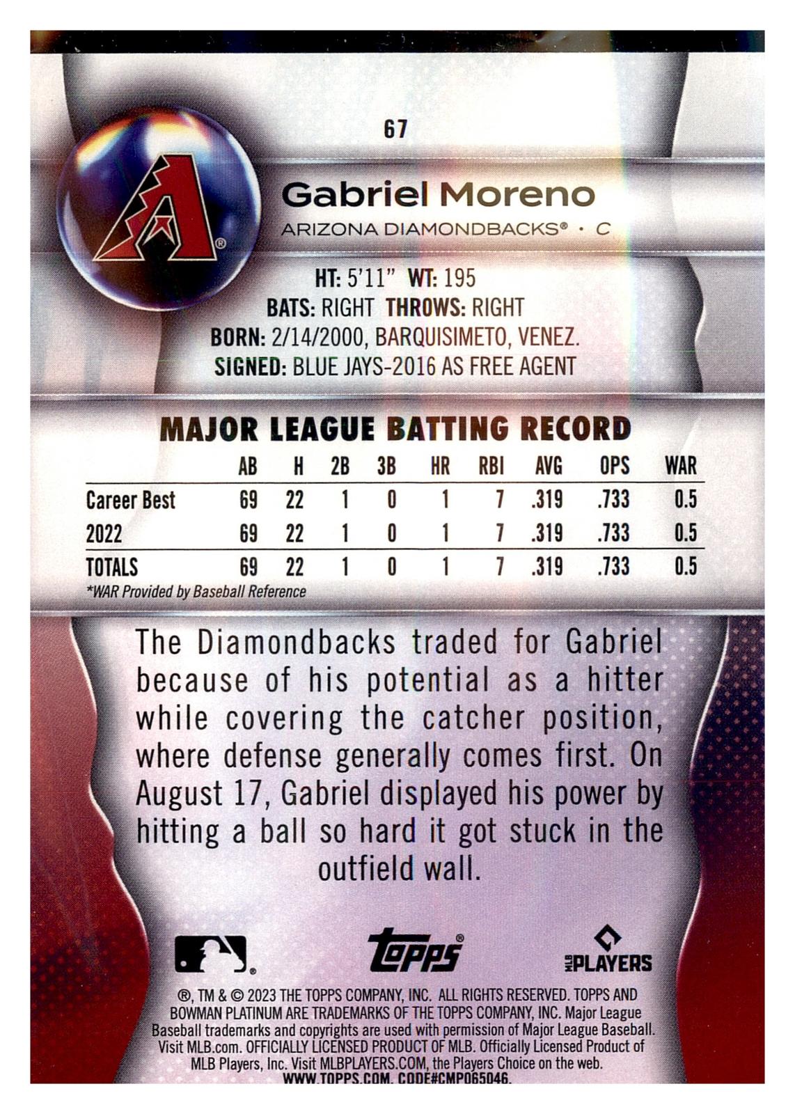 2023 Bowman Platinum #67 Gabriel Moreno Ice Foil back
