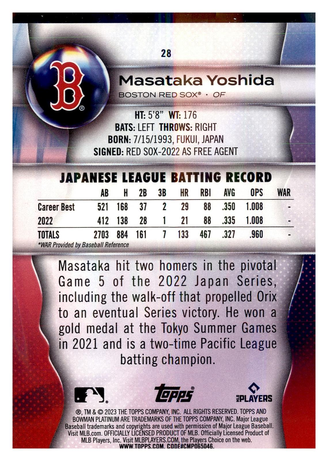 2023 Bowman Platinum #28 Masataka Yoshida Ice Foil back