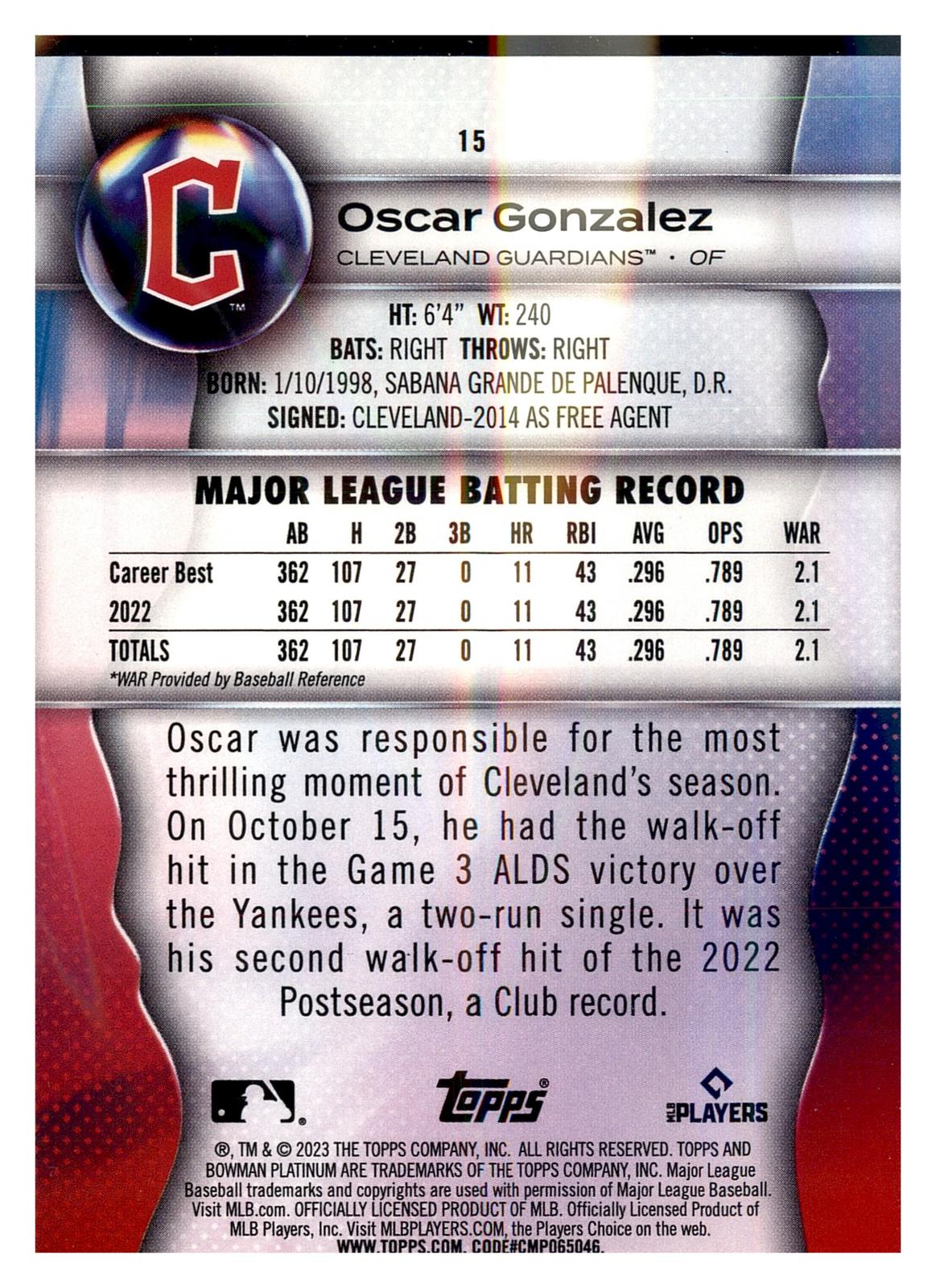 2023 Bowman Platinum #15 Oscar Gonzalez Ice Foil back