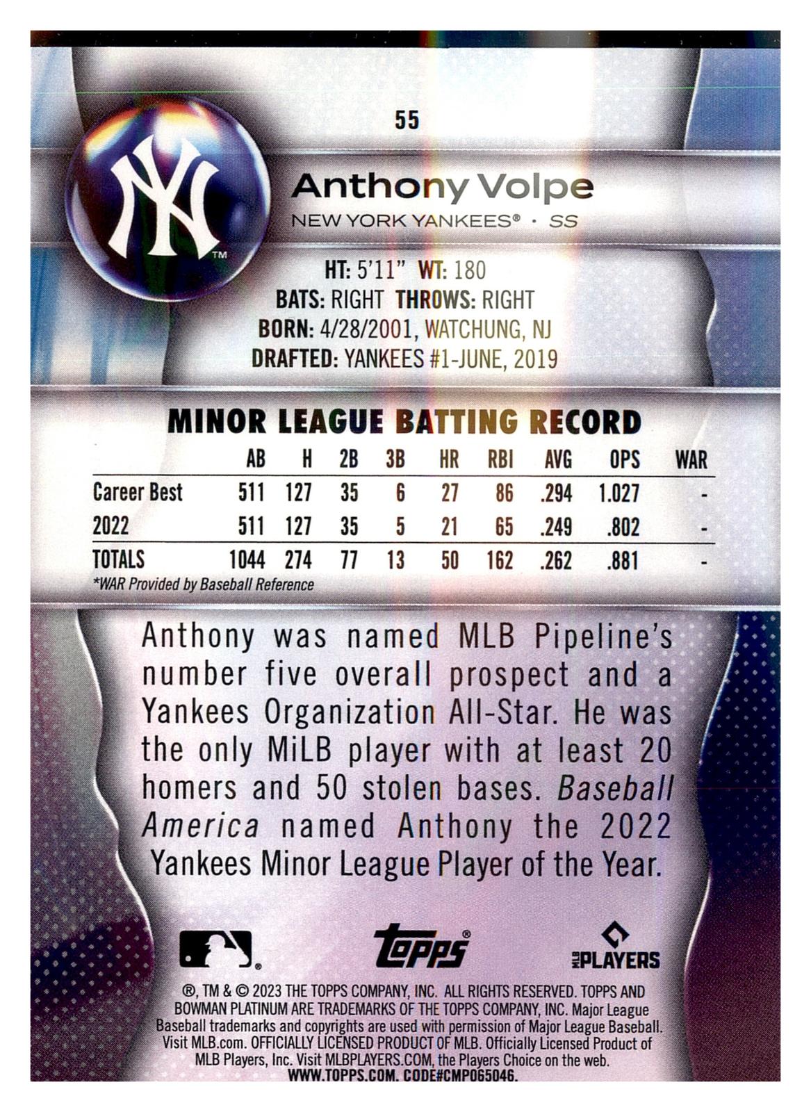 2023 Bowman Platinum #55 Anthony Volpe Ice Foil back