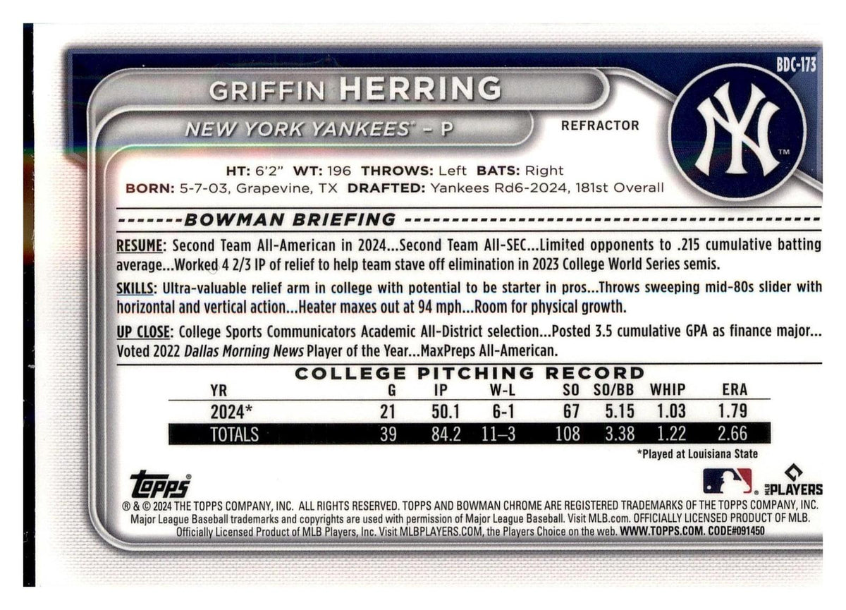 2024 Bowman Draft #BDC-173 Griffin Herring Chrome Refractor back