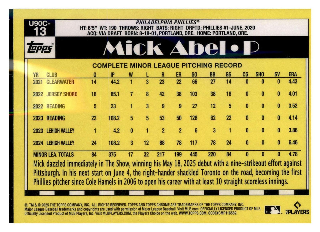 2025 Topps Update #U90C-13 Mick Abel 1990 Topps Baseball 35th Anniversary Chrome back