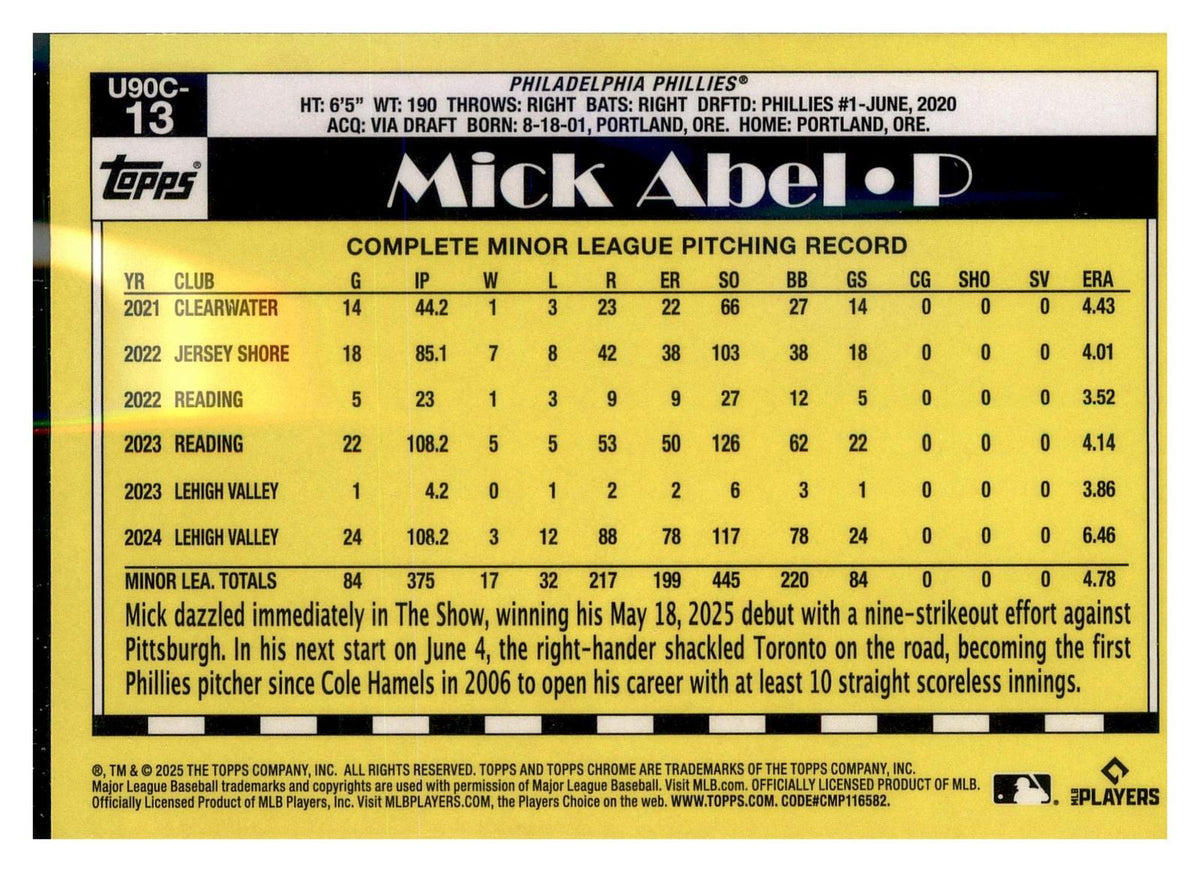 2025 Topps Update #U90C-13 Mick Abel 1990 Topps Baseball 35th Anniversary Chrome back
