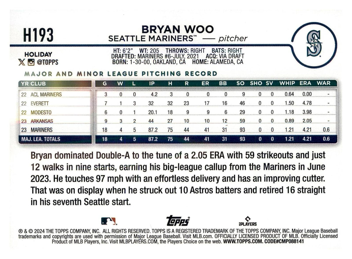 2024 Topps Holiday #H193 Bryan Woo back