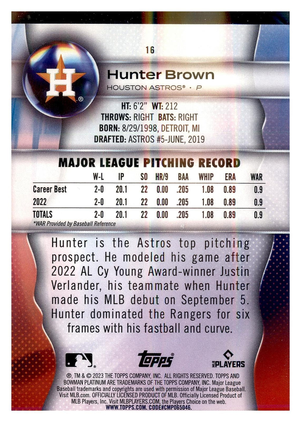 2023 Bowman Platinum #16 Hunter Brown back