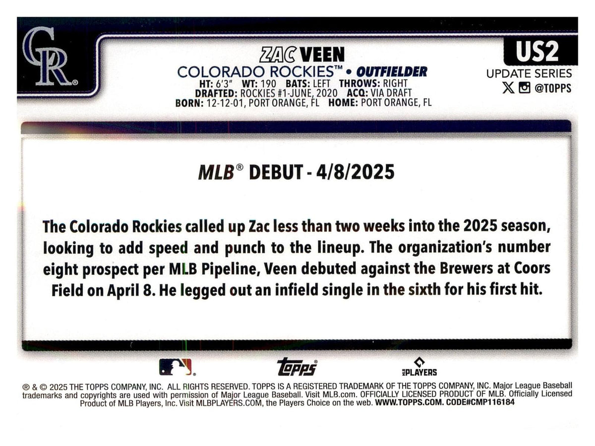 2025 Topps Update #US2 Zac Veen back