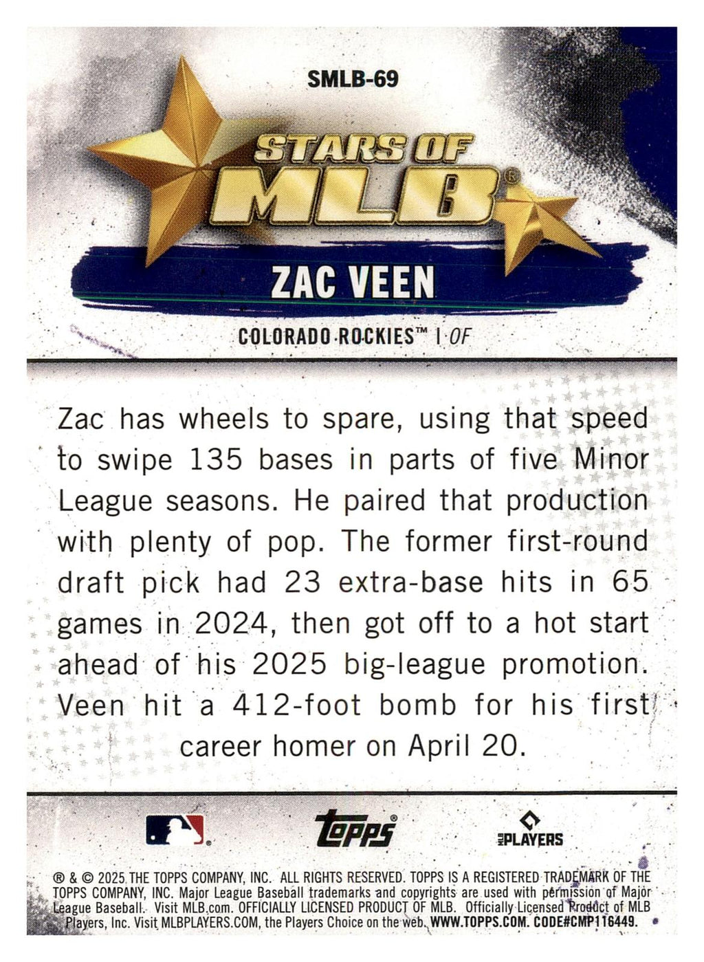 2025 Topps Update #SMLB-69 Zac Veen Stars of MLB back