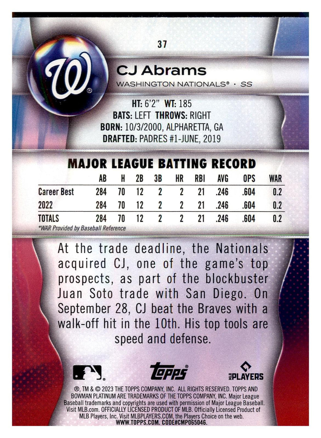 2023 Bowman Platinum #37 CJ Abrams back