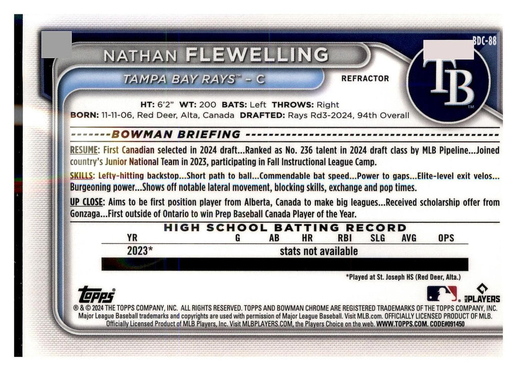 2024 Bowman Draft #BDC-88 Nathan Flewelling Chrome Refractor back