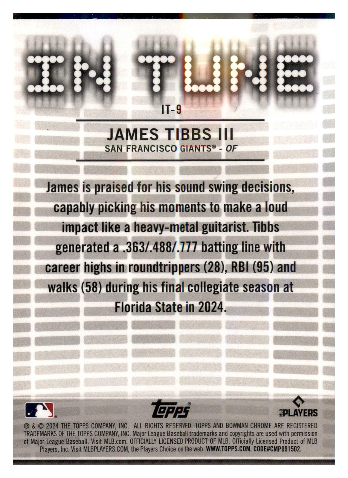 2024 Bowman Draft #IT-9 James Tibbs III In Tune back