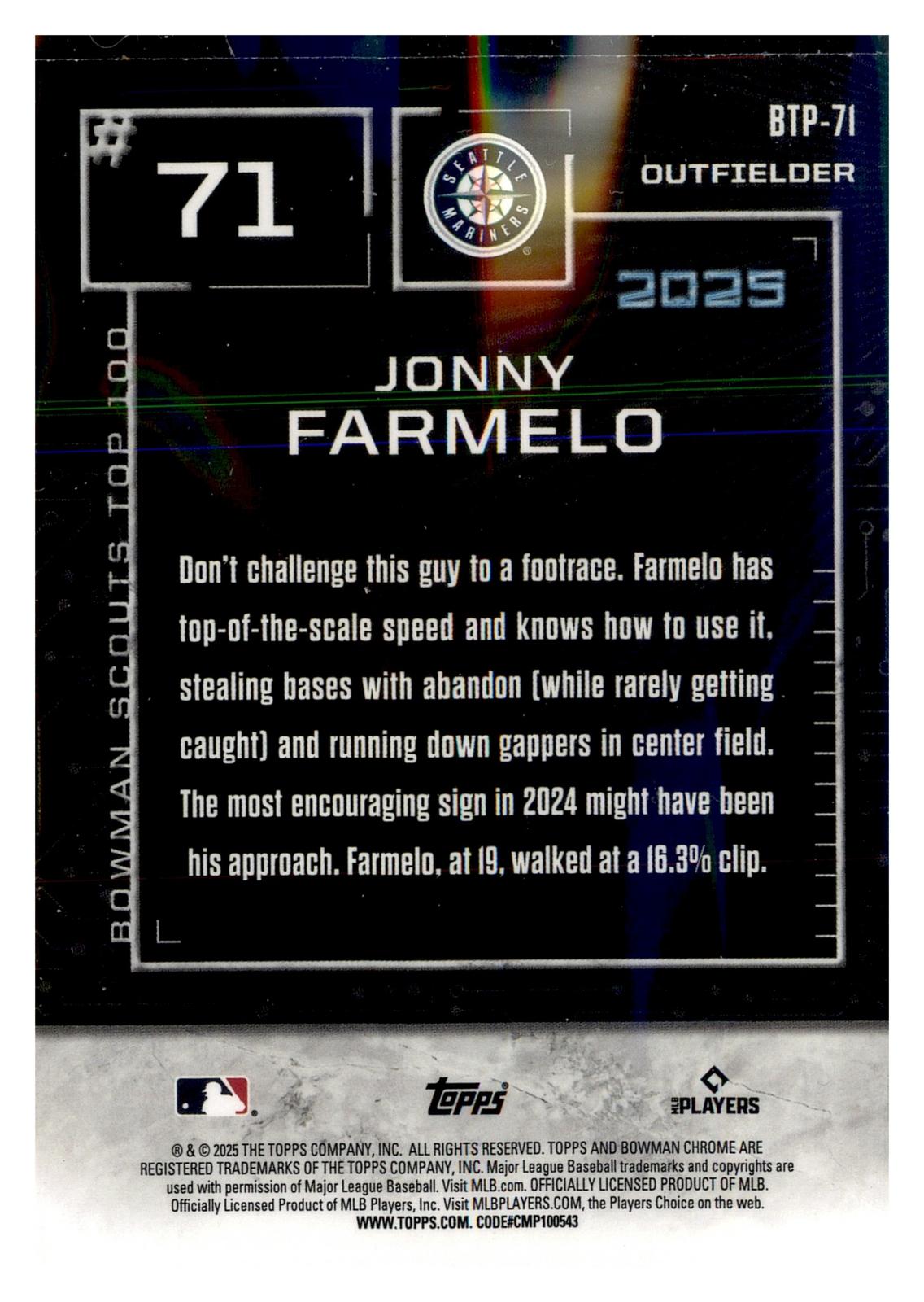 2025 Bowman #BTP-71 Jonny Farmelo Bowman Scouts Top 100 back