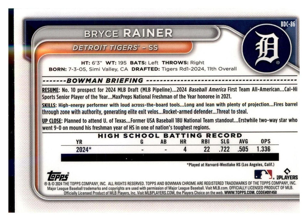 2024 Bowman Draft #BDC-86 Bryce Rainer Chrome back
