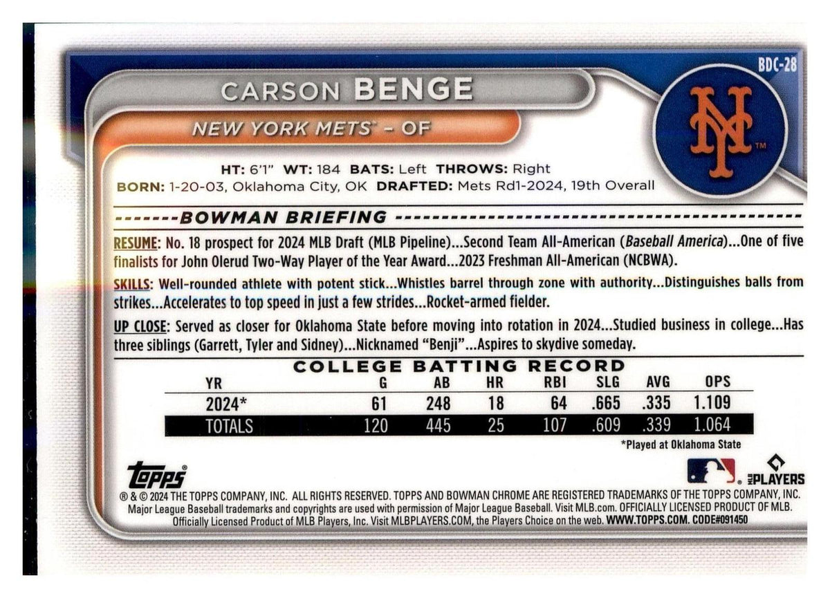 2024 Bowman Draft #BDC-28 Carson Benge Chrome back
