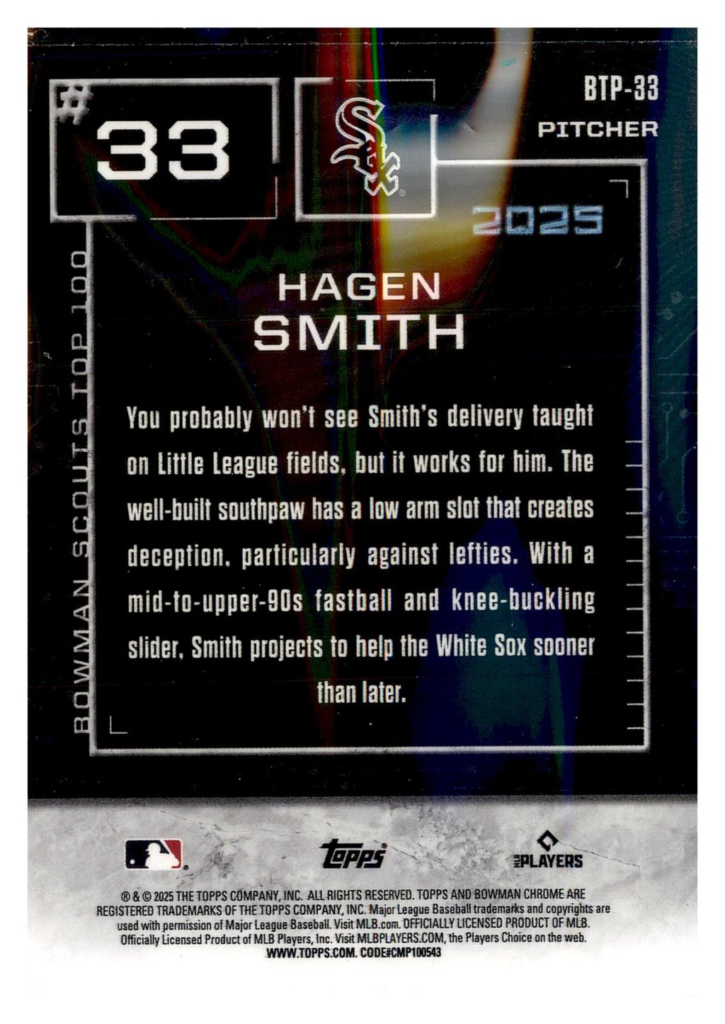 2025 Bowman #BTP-33 Hagen Smith Bowman Scouts Top 100 back
