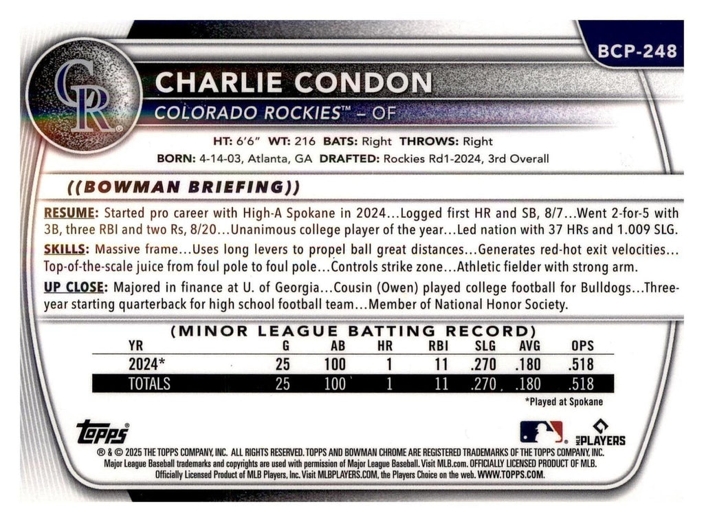 2025 Bowman Chrome #BCP-248 Charlie Condon Prospects Mojo back