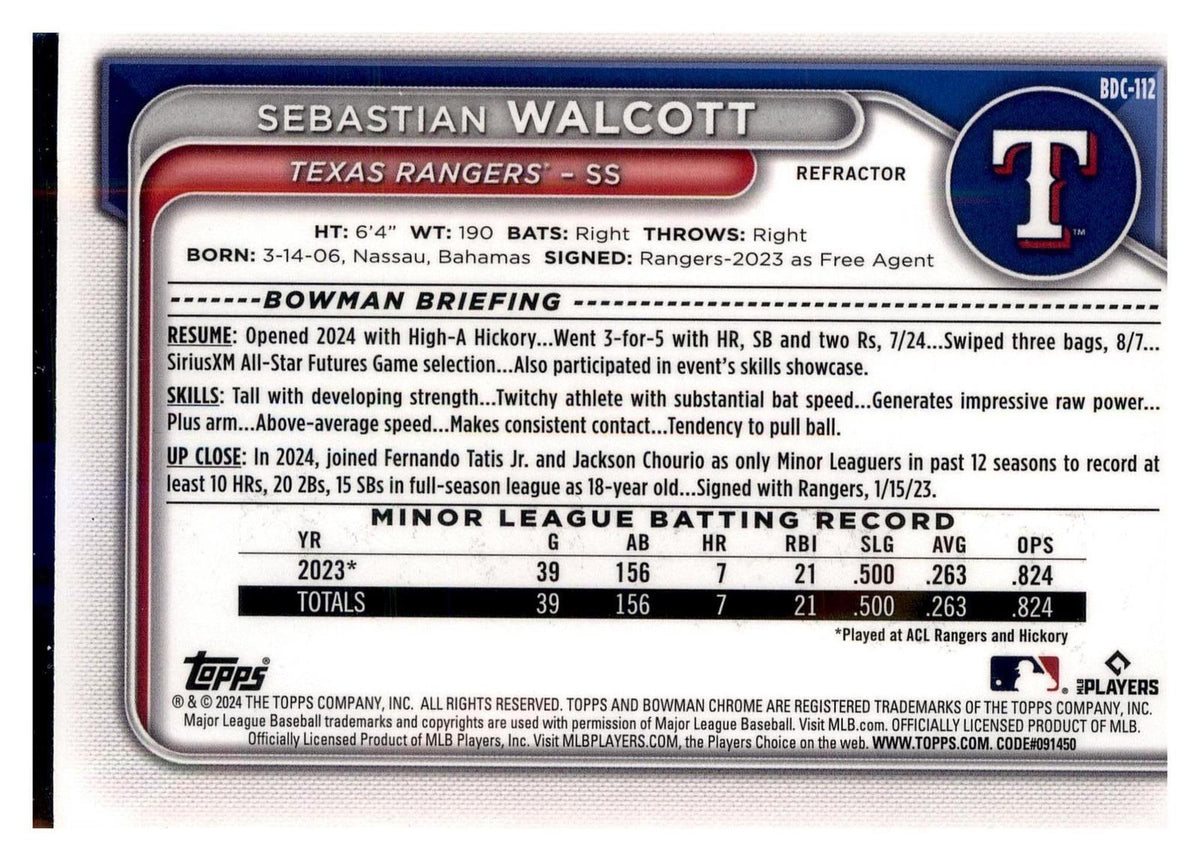 2024 Bowman Draft #BDC-112 Sebastian Walcott Chrome back