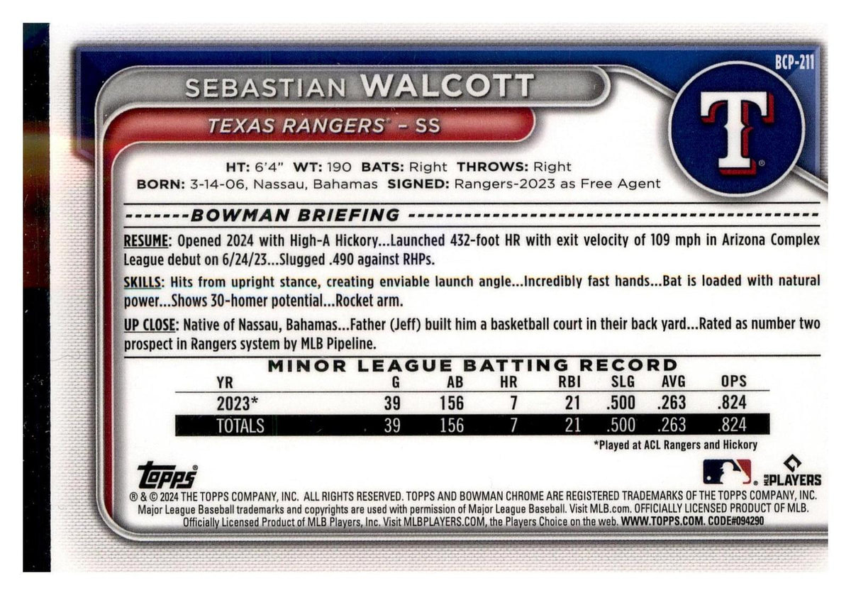 2024 Bowman Chrome #BCP-211 Sebastian Walcott Prospects Mojo Refractor back