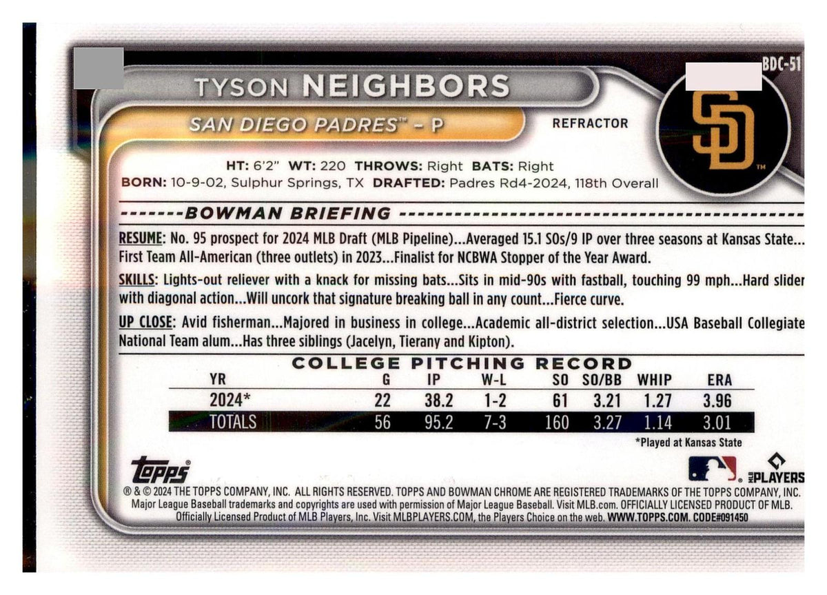 2024 Bowman Draft #BDC-51 Tyson Neighbors Chrome Refractor back