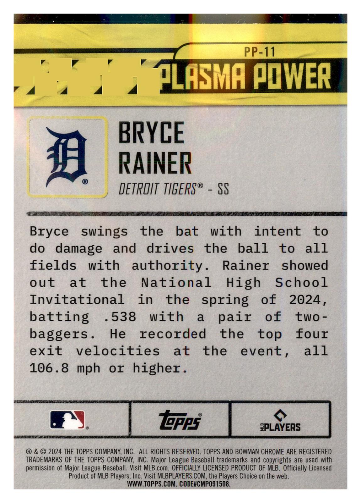 2024 Bowman Draft #PP-11 Bryce Rainer Plasma Power back