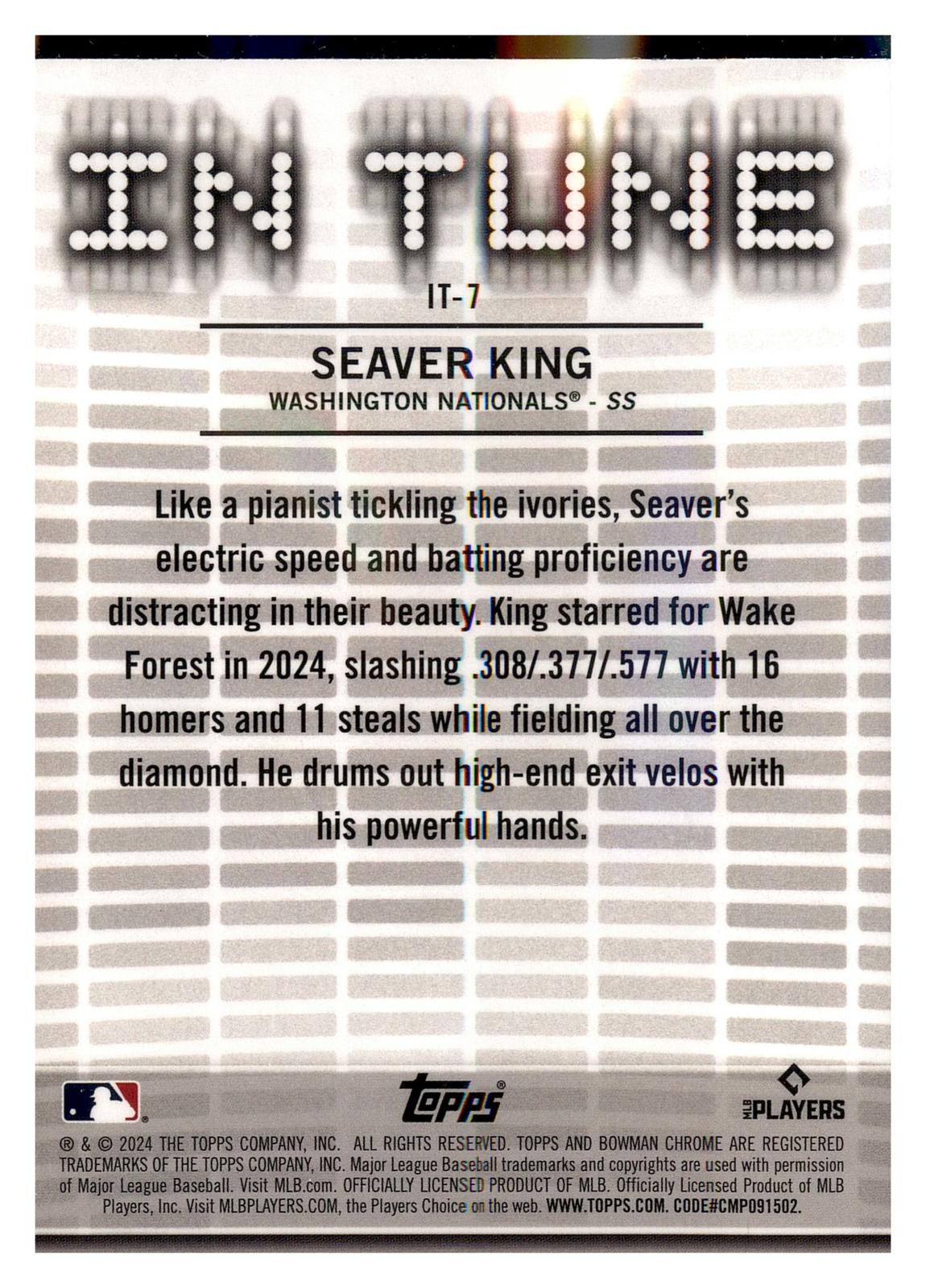 2024 Bowman Draft #IT-7 Seaver King In Tune back