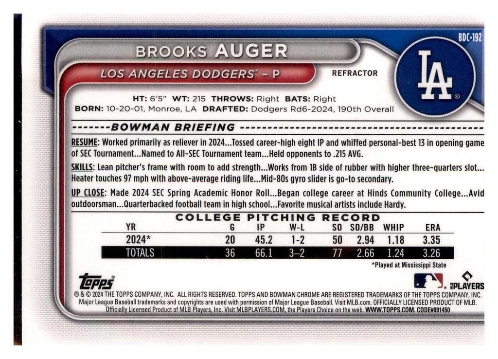 2024 Bowman Draft #BDC-192 Brooks Auger Chrome Refractor back