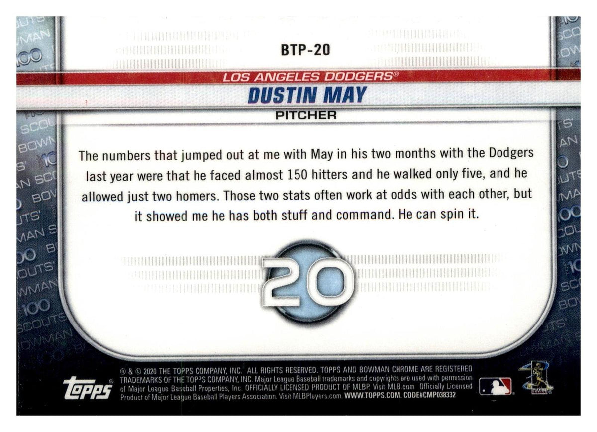 2020 Bowman #BTP-20 Dustin May Chrome Bowman Scouts Top 100 back