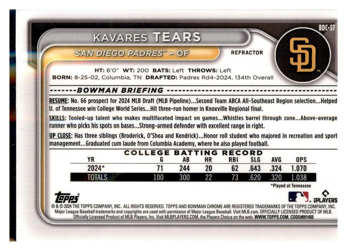 2024 Bowman Draft #BDC-57 Kavares Tears Chrome Refractor back