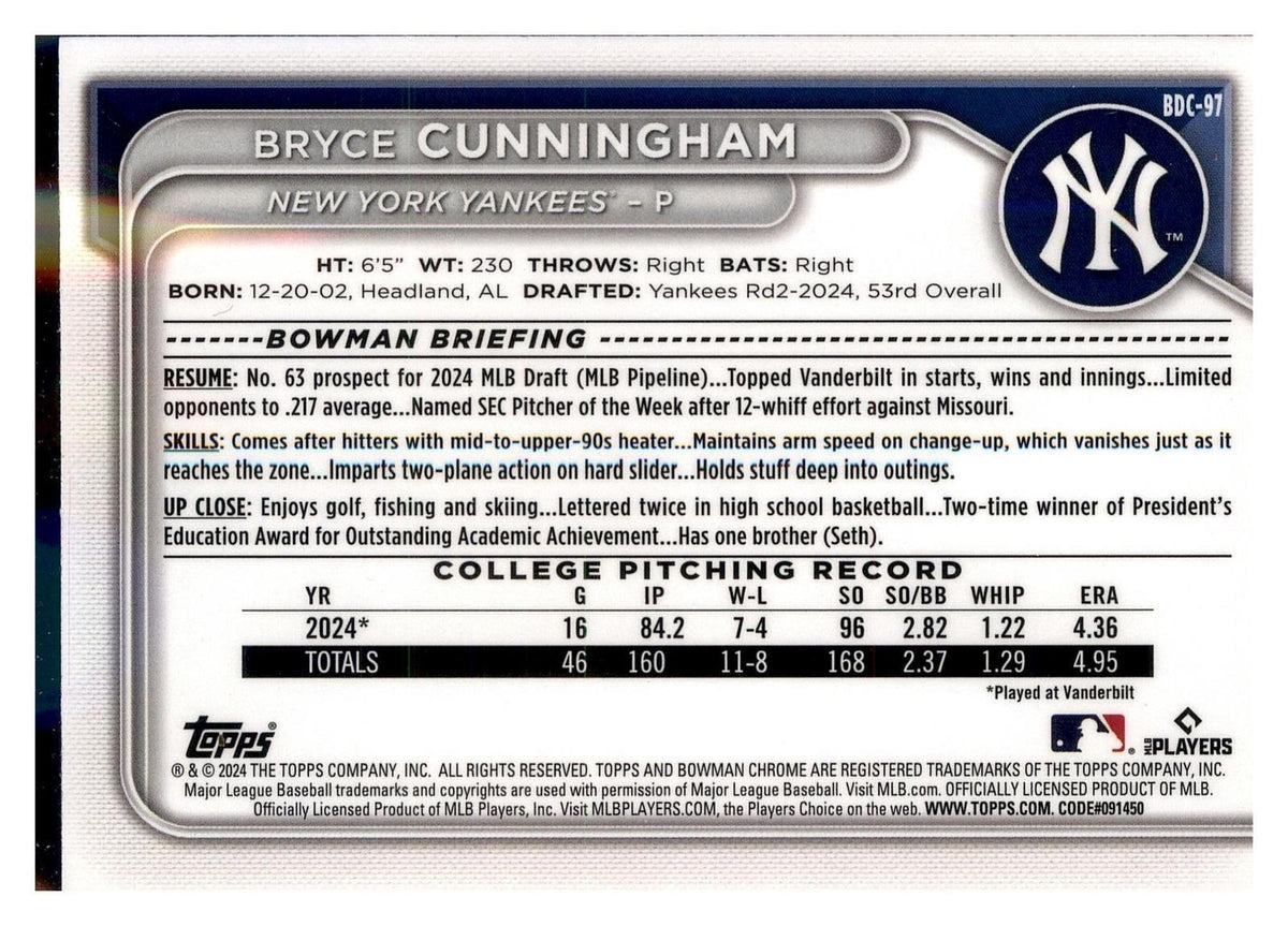 2024 Bowman Draft #BDC-97 Bryce Cunningham Chrome back