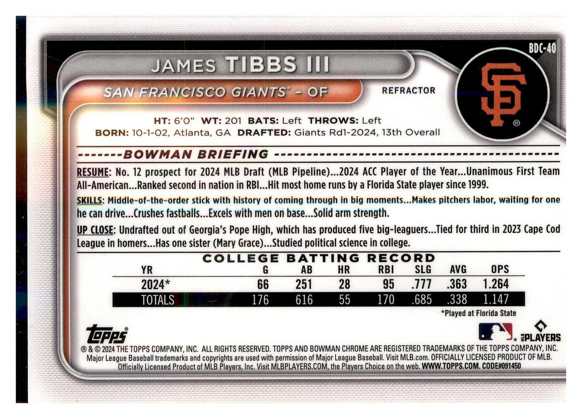 2024 Bowman Draft #BDC-40 James Tibbs III Chrome Refractor back