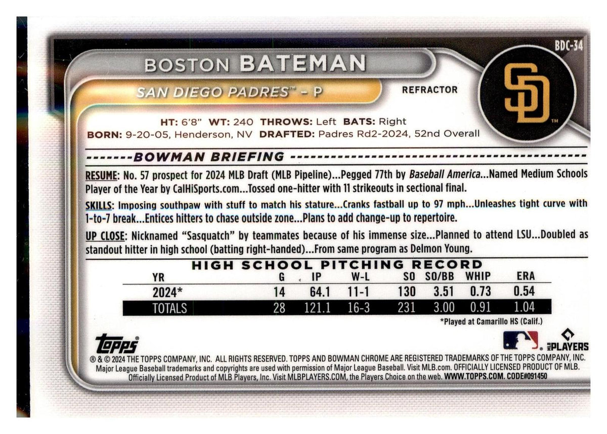 2024 Bowman Draft #BDC-34 Boston Bateman Chrome Refractor back