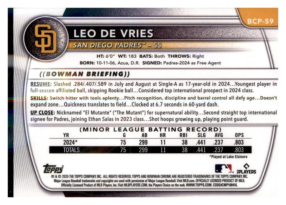 2025 Bowman #BCP-59 Leo De Vries Chrome Prospects back
