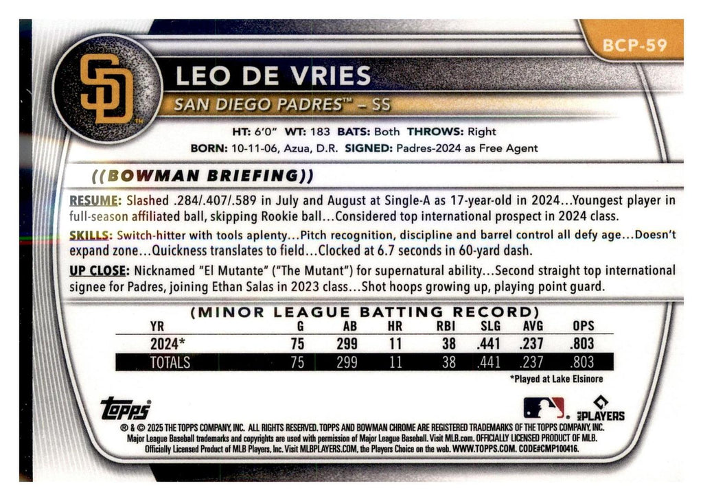 2025 Bowman #BCP-59 Leo De Vries Chrome Prospects back