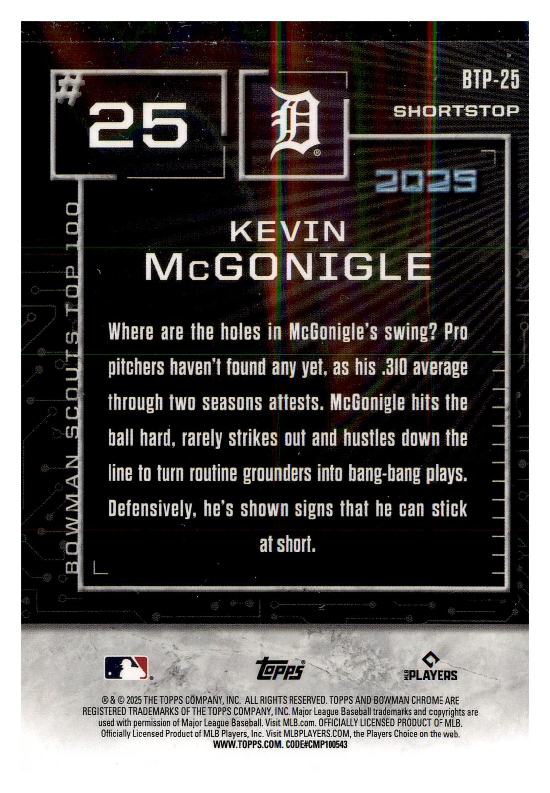 2025 Bowman #BTP-25 Kevin McGonigle Bowman Scouts Top 100 back
